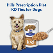 Hills Prescription Diet KD Tins for Dogs with a dog next to it on a white background
