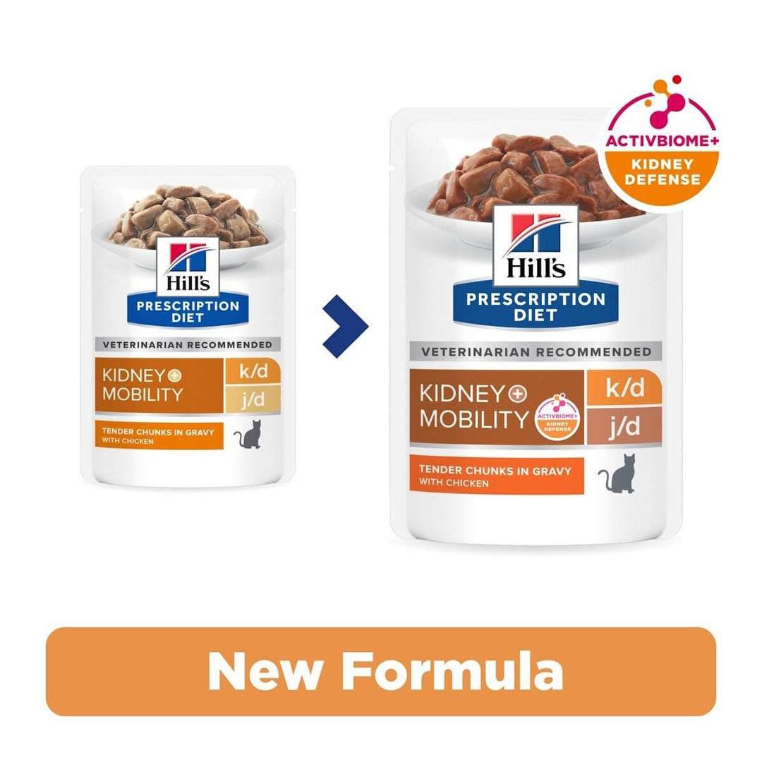 Two packages of Hills Prescription Diet k/d Kidney Mobility cat food with a 'New Formula' label.