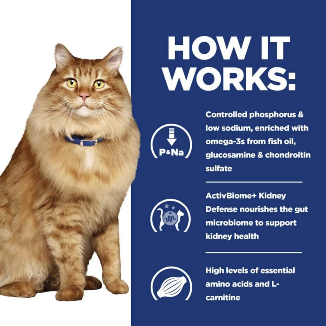 Cat with text on how a product works, featuring controlled phosphorus, omega-3s, and other health benefits.