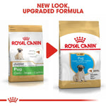 Load image into Gallery viewer, Two packages of Royal Canin Pug dog food with text indicating a new look and upgraded formula.
