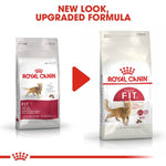 Load image into Gallery viewer, Two packages of Royal Canin Fit cat food with a red arrow and text indicating a new look and upgraded formula.
