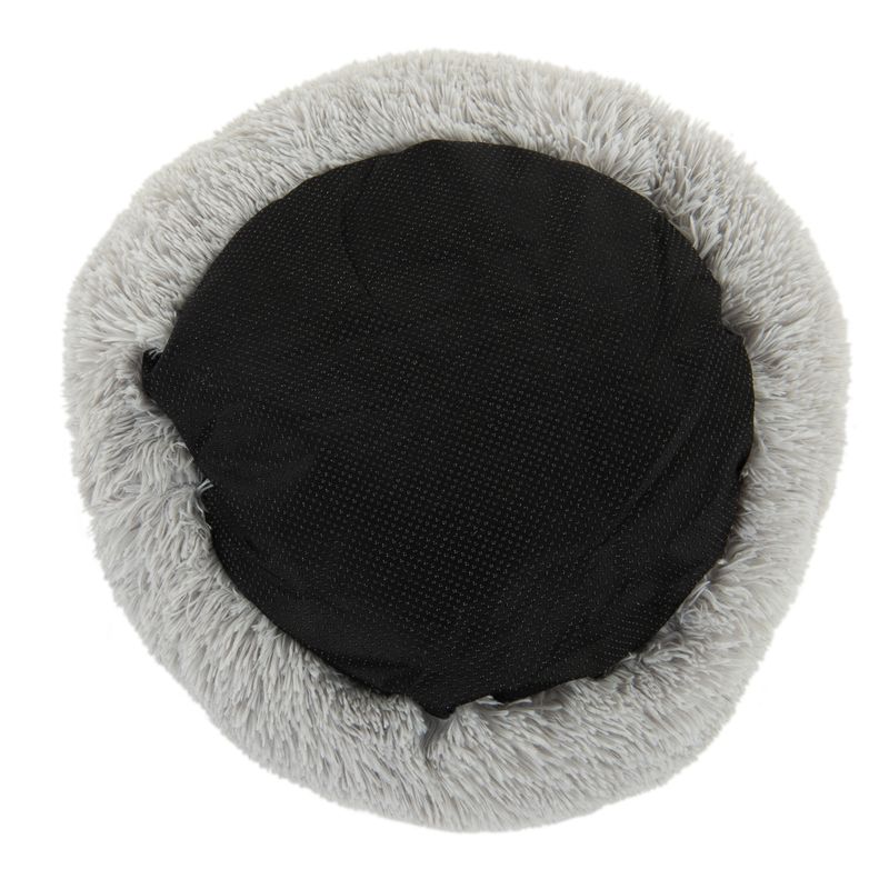 Black pet bed with gray fluffy rim on a white background