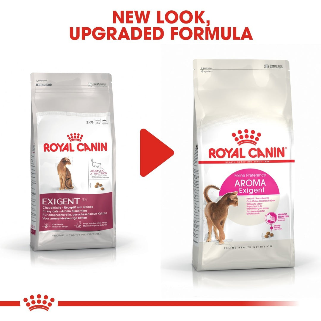 Two packages of Royal Canin Exigent dog food with a red play button graphic.
