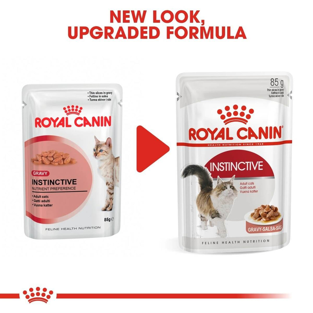 Two packages of Royal Canin Instinctive cat food with a red arrow and text indicating a new look and upgraded formula.