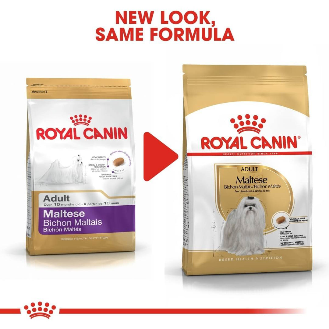 Two packages of Royal Canin Adult Maltese Bichon Maltese dog food with a red arrow and text indicating 'New Look, Same Formula'.