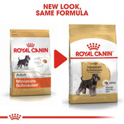 Two packages of Royal Canin Miniature Schnauzer dog food with a red arrow and text indicating 'New Look, Same Formula'.