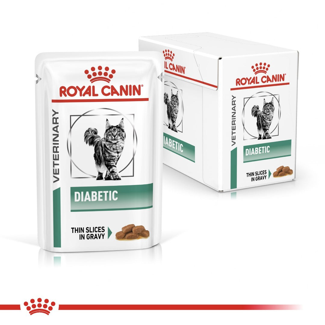 Royal Canin Veterinary Diet Diabetic cat food packaging on a white background