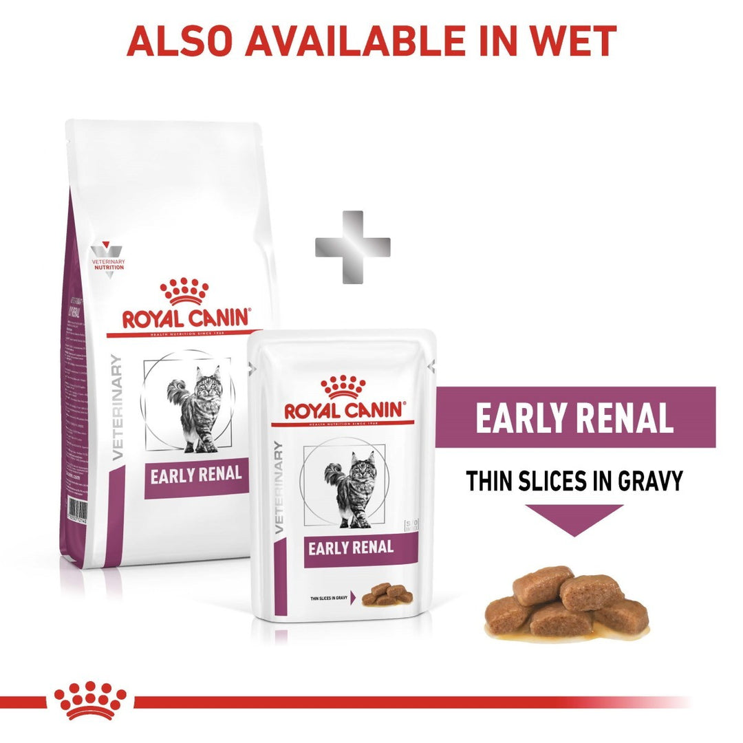 Royal Canin Early Renal cat food packaging with text indicating availability in wet form.
