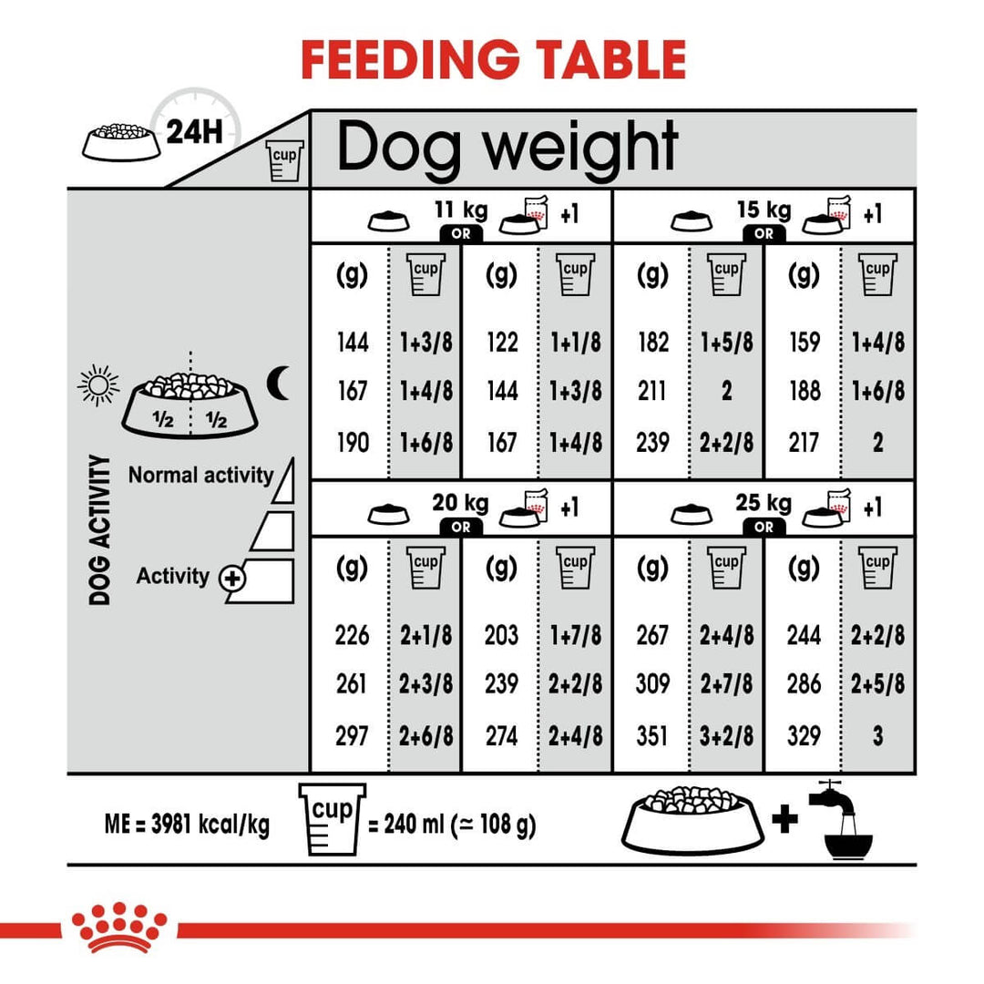 Feeding chart for dogs with weight and activity levels