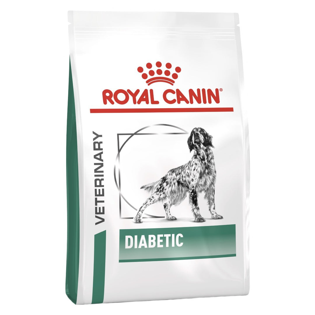 Royal Canin Veterinary Diet Diabetic dog food packaging on a white background