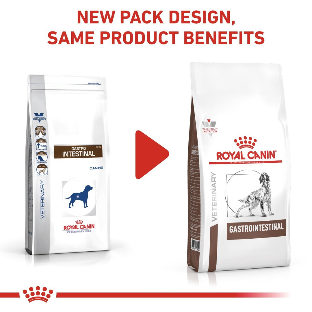 Two packages of Royal Canin Veterinary Diet Gastrointestinal on a white background with text about new packaging design.