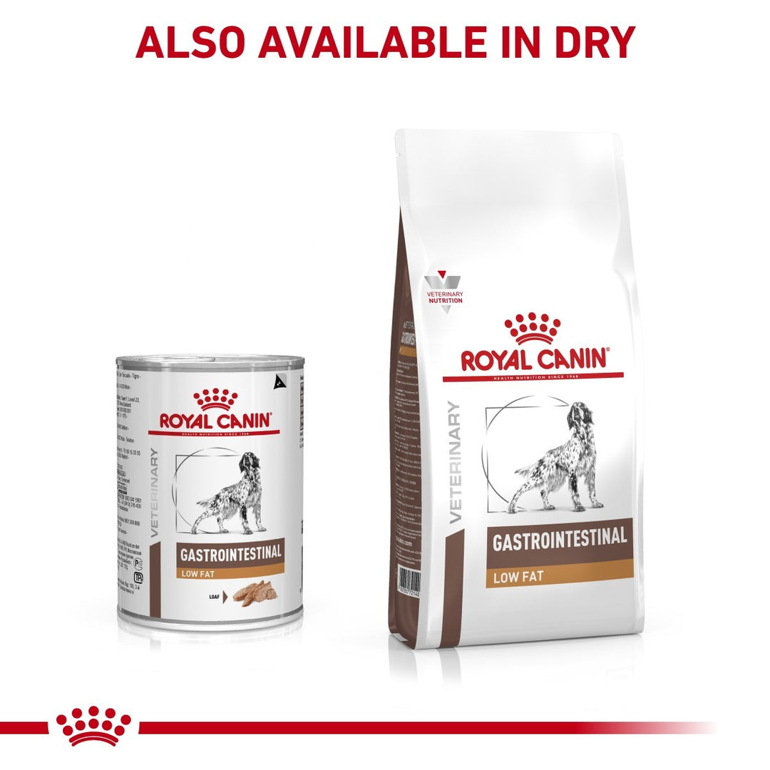 Royal Canin Gastrointestinal Low Fat pet food can and bag on a white background