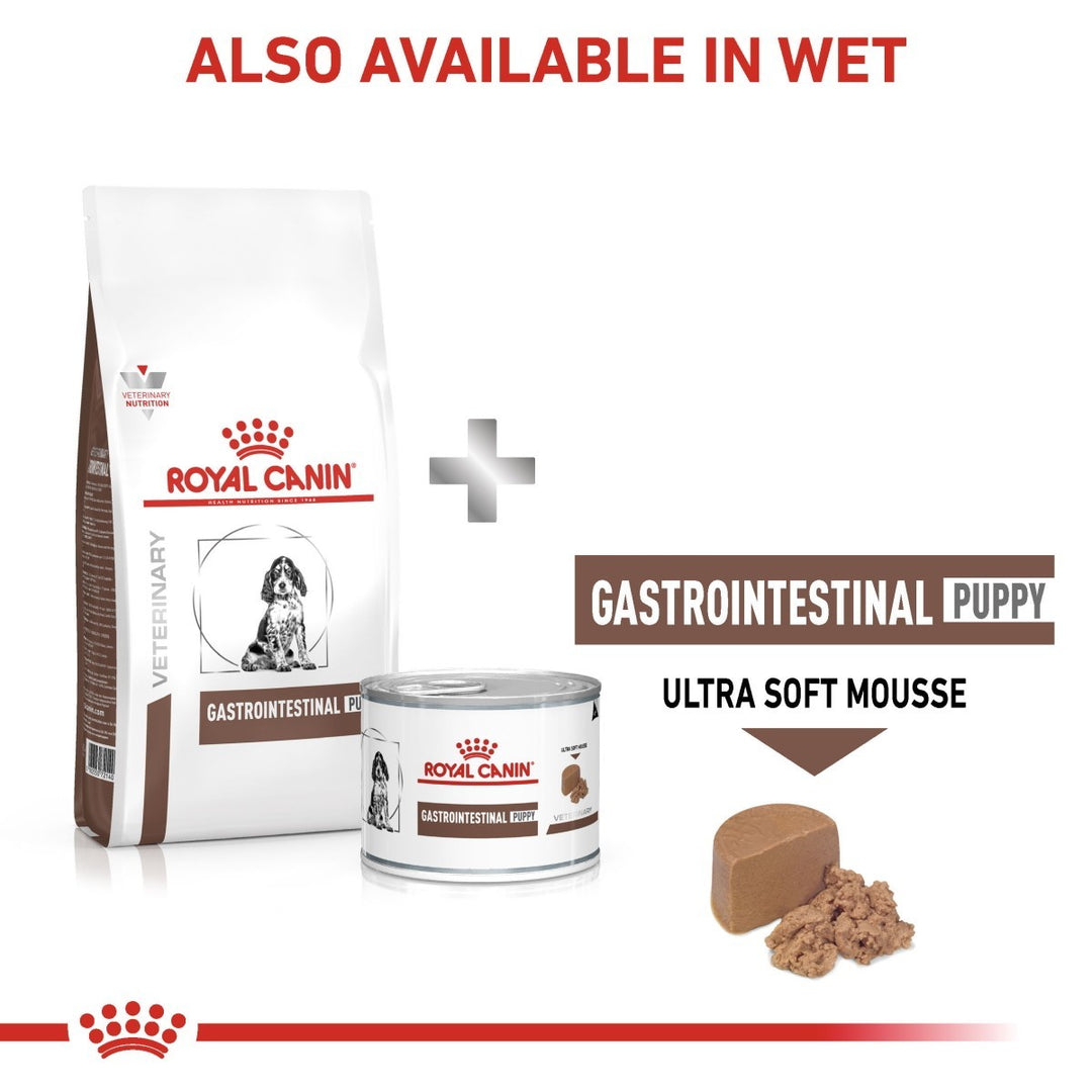 Royal Canin Veterinary Diet Gastrointestinal Puppy product with packaging and can on a white background