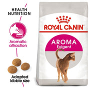 Royal Canin Aroma Exigent cat food bag with branding and product features on a white background