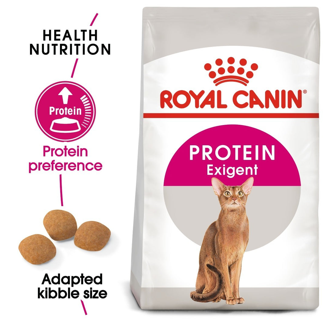 Royal Canin Protein Exigent cat food bag with text highlighting features