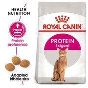 Royal Canin Protein Exigent cat food bag with text highlighting features