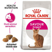 Royal Canin Savour Exigent cat food package with a cat on the label.