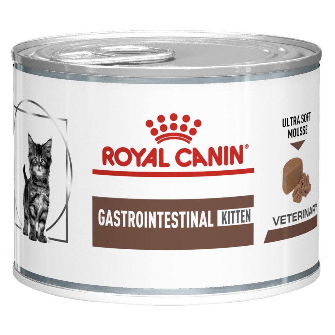 Can of Royal Canin Gastrointestinal Kitten food on a white background