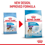 Load image into Gallery viewer, Two packages of Royal Canin Junior Giant dog food with a red arrow and text indicating new design and improved formula.
