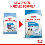 Load image into Gallery viewer, Two packages of Royal Canin Puppy Giant dog food with a red arrow and text indicating a new design and improved formula.
