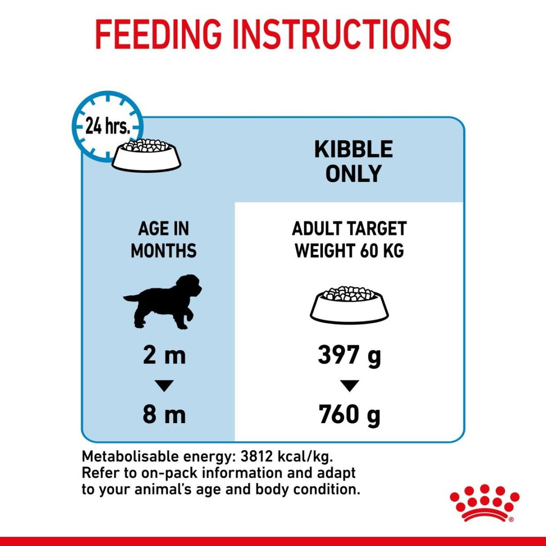 Feeding instructions for a pet food product with illustrations and text.