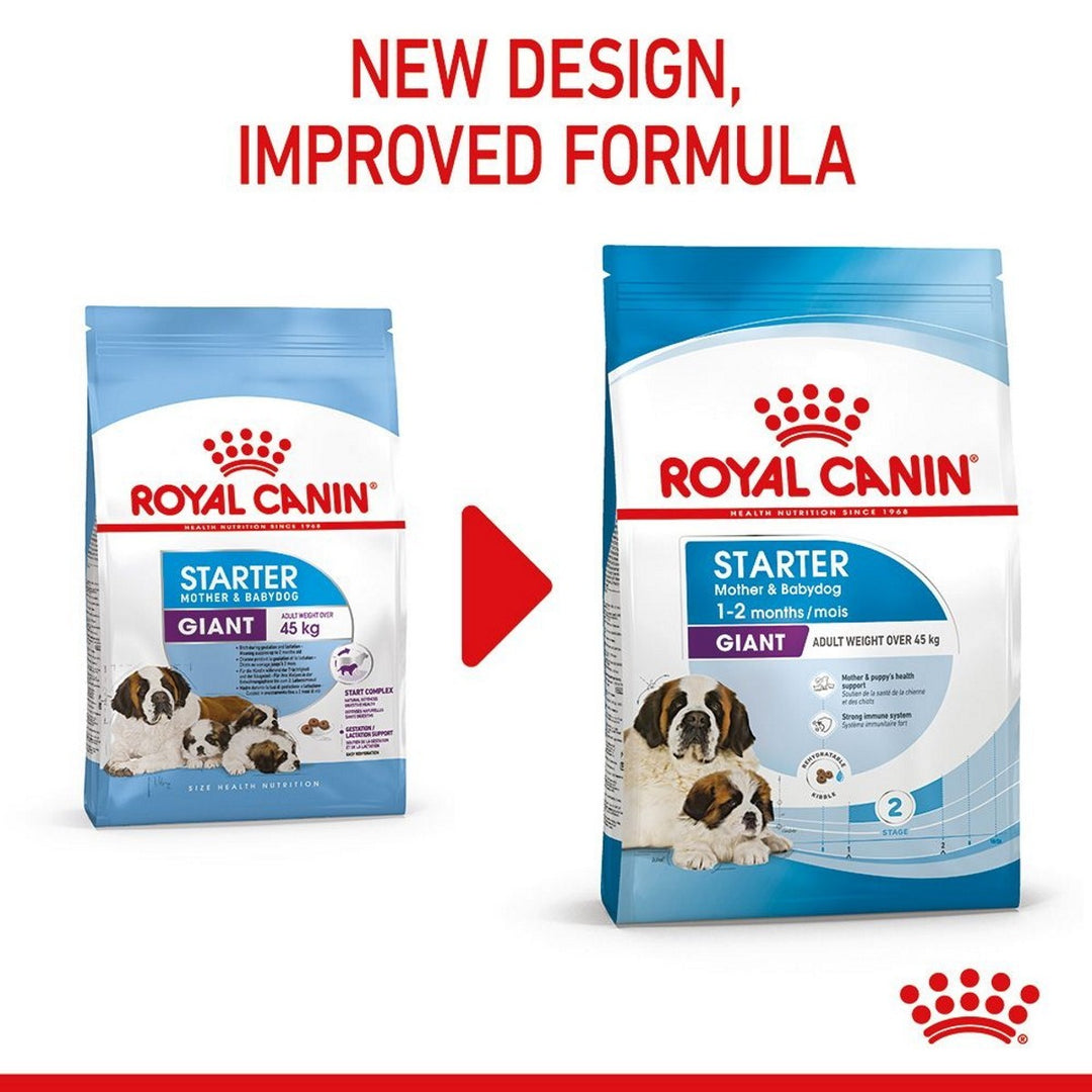 Two packages of Royal Canin Giant Starter Mother & Babydog food with a red arrow and text indicating new design and improved formula.