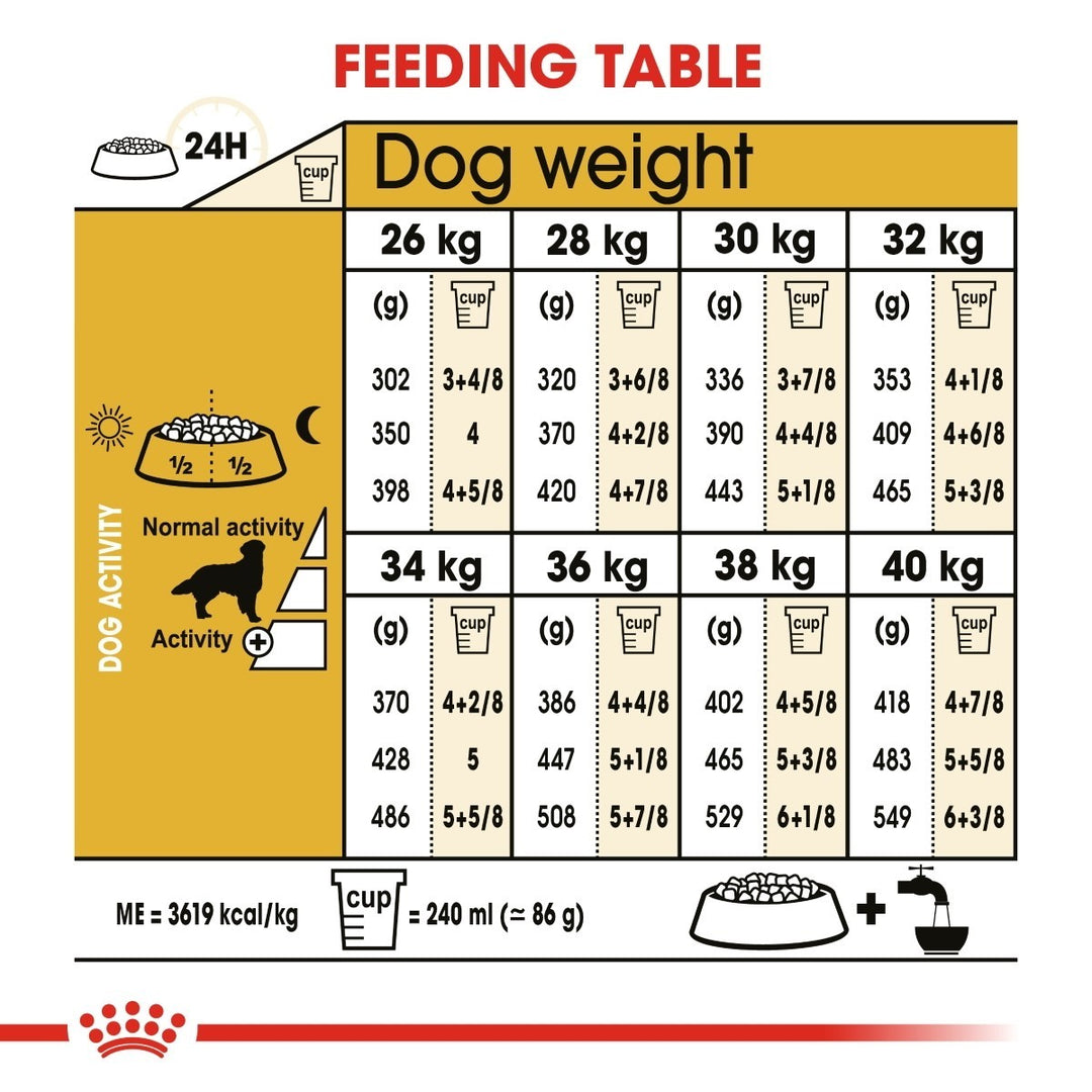 Feeding table chart for dogs with weight and activity level guidelines.