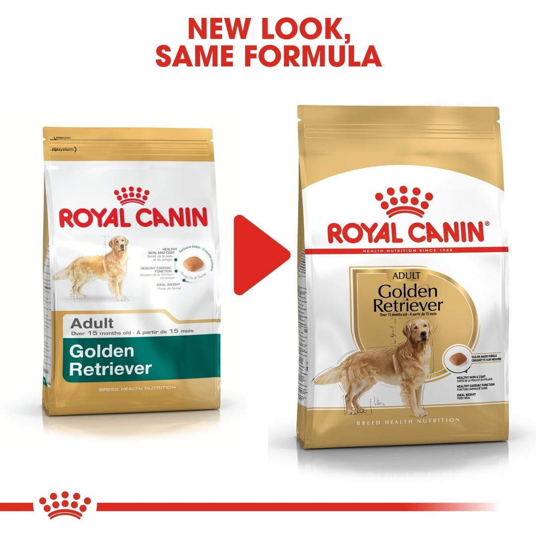 Two packages of Royal Canin Adult Golden Retriever dog food with a red arrow between them.
