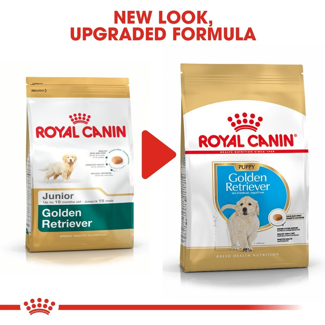 Two packages of Royal Canin Golden Retriever dog food with text indicating a new look and upgraded formula.