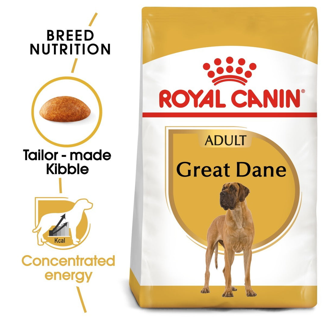Royal Canin Adult Great Dane dog food package with branding and product features.
