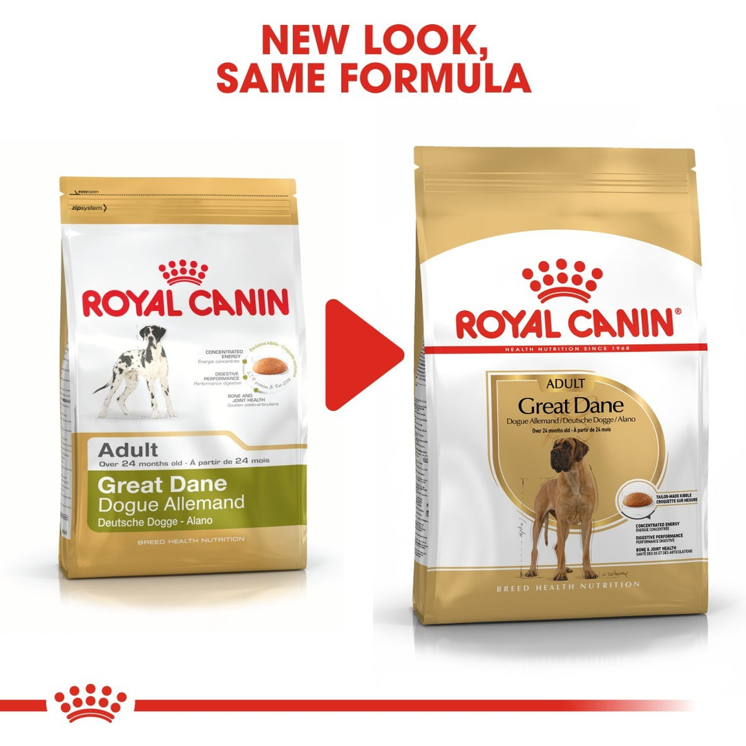 Two packages of Royal Canin Great Dane dog food with a red arrow between them.