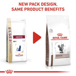 Load image into Gallery viewer, Two packages of Royal Canin Hepatic cat food with a red play button graphic and text about new packaging design.
