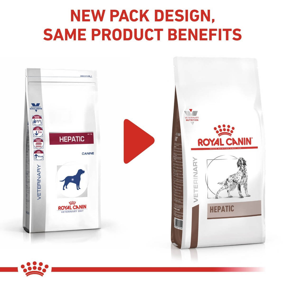 Two packages of Royal Canin Veterinary Diet Hepatic on a white background with text about new packaging design.