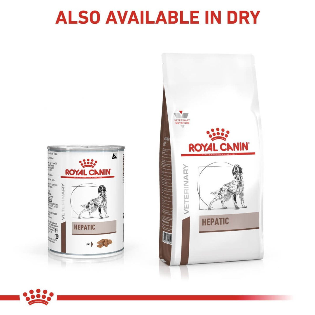 Royal Canin Hepatic can and bag on a white background with text 'Also Available in Dry'.