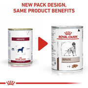 Two cans of Royal Canin Veterinary Diet Hepatic on a white background with text about new packaging design.