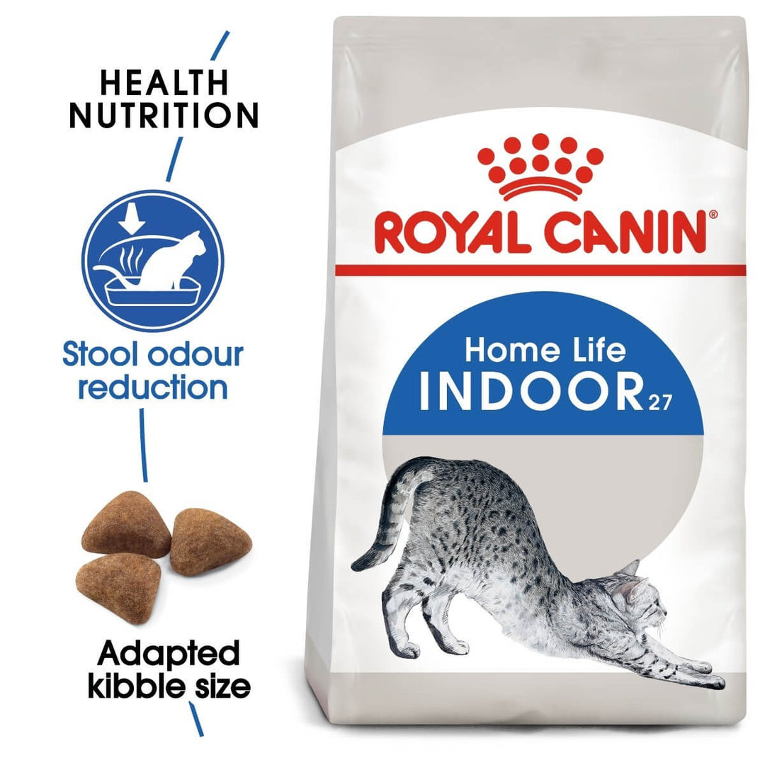 Royal Canin Home Life Indoor 27 cat food bag with features listed on a white background