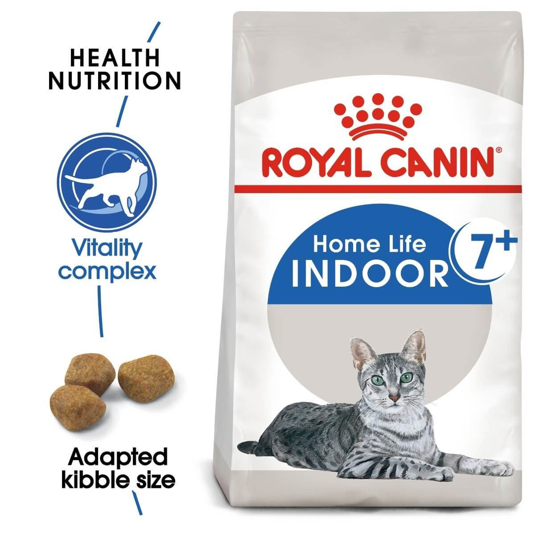 Royal Canin Home Life Indoor 7+ cat food bag with a cat illustration and text highlighting features.