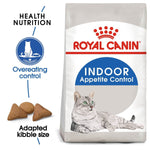 Load image into Gallery viewer, Royal Canin Indoor Appetite Control cat food bag with a cat illustration and text highlighting features.
