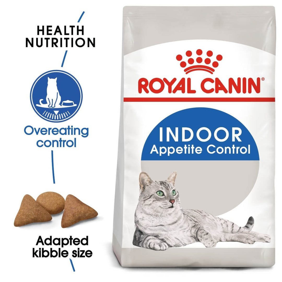 Royal Canin Indoor Appetite Control cat food bag with a cat illustration and text highlighting features.