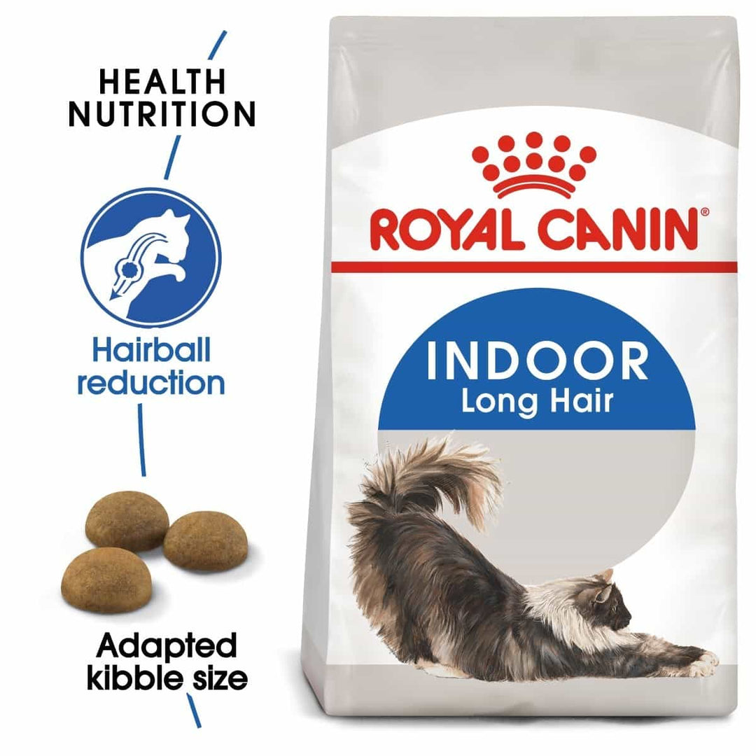 Royal Canin Indoor Long Hair cat food bag with text highlighting features on a white background