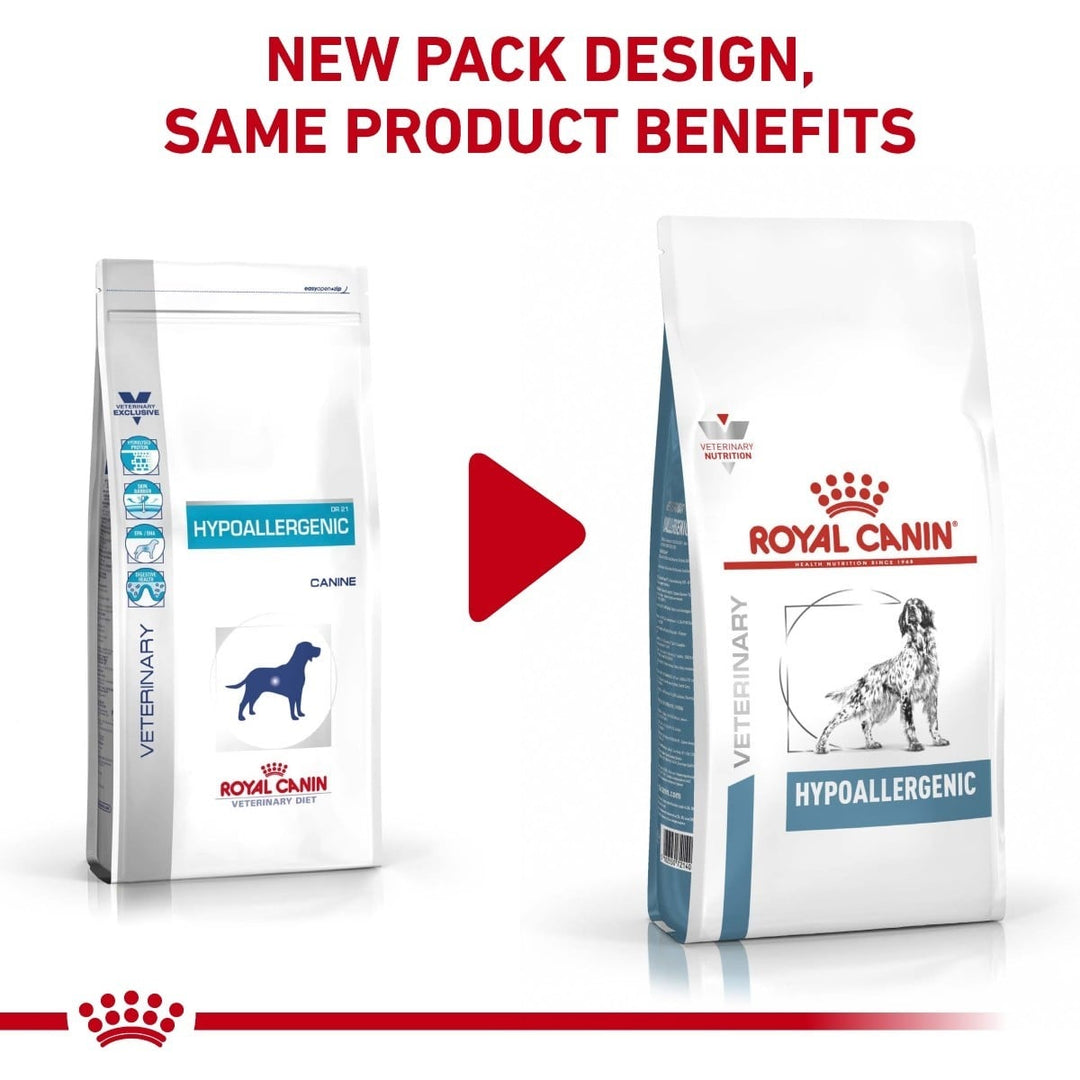 Two packages of Royal Canin Veterinary Diet Hypoallergenic on a white background with text about new packaging design.