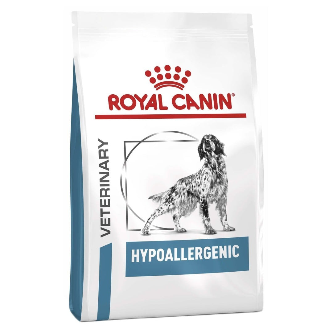 Royal Canin Veterinary Diet Hypoallergenic dog food package on a white background