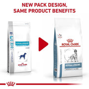 Two packages of Royal Canin Veterinary Diet Hypoallergenic Moderate Calorie on a white background with red and blue accents.