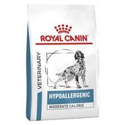 Royal Canin Veterinary Diet Hypoallergenic Moderate Calorie dog food package on a white background