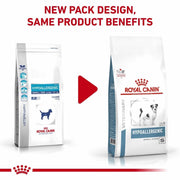 Two packages of Royal Canin Veterinary Diet Hypoallergenic dog food with a red play button in the middle.