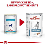 Two cans of Royal Canin Veterinary Diet Hypoallergenic on a white background with text about new packaging design.