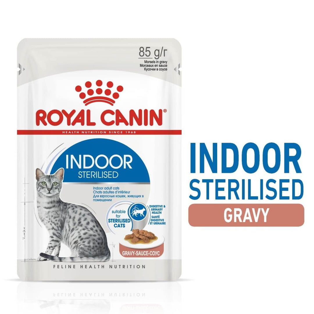 Royal Canin Indoor Sterilised gravy cat food packet on a white background
