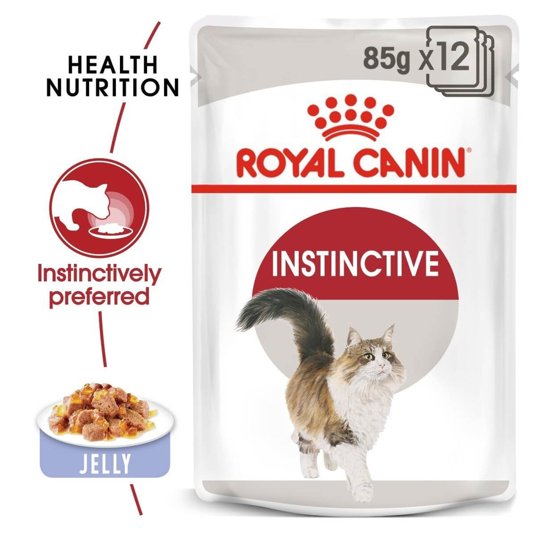 Royal Canin Instinctive cat food pouch packaging with text and images of a cat and food.