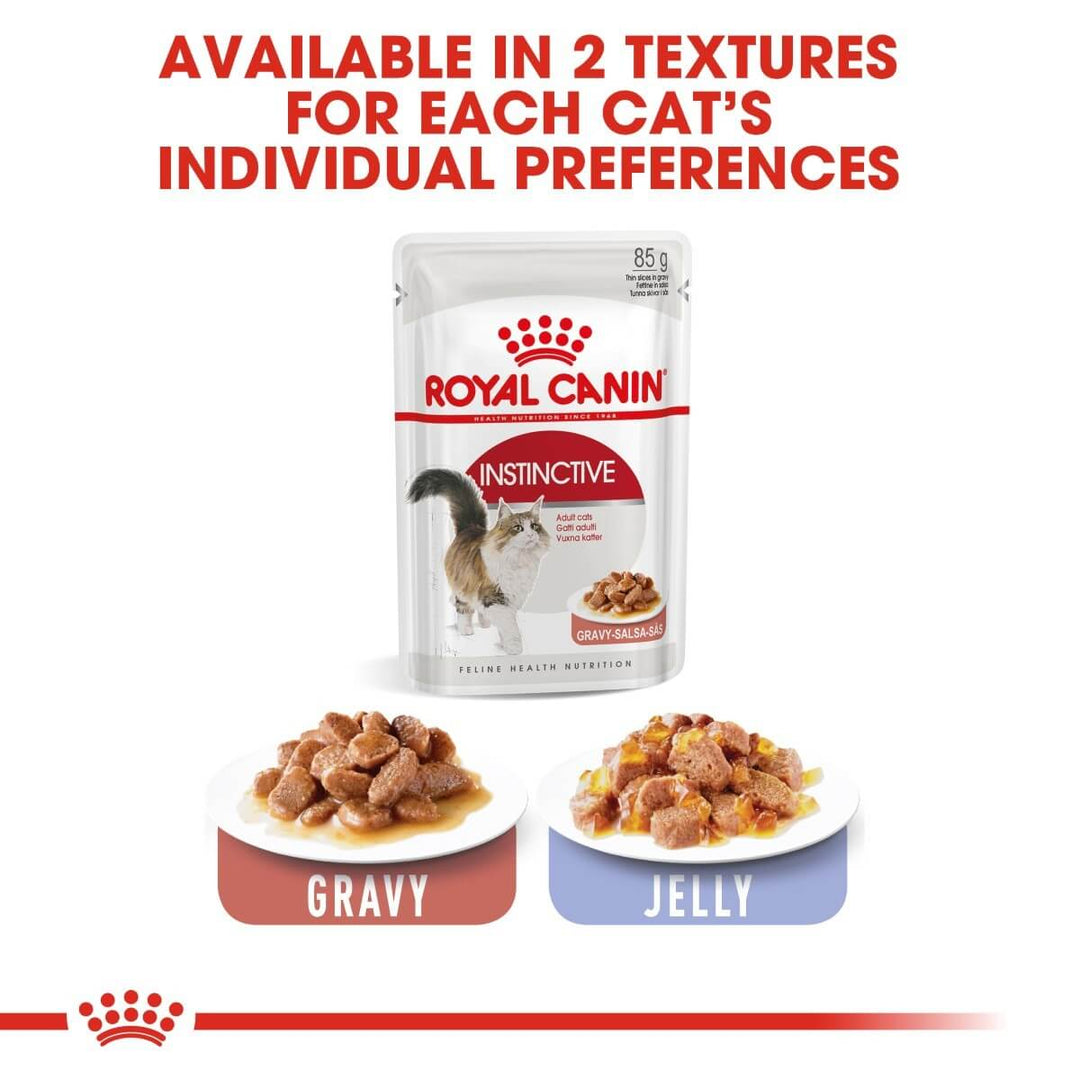 Royal Canin Instinctive cat food packaging with two textures on display.