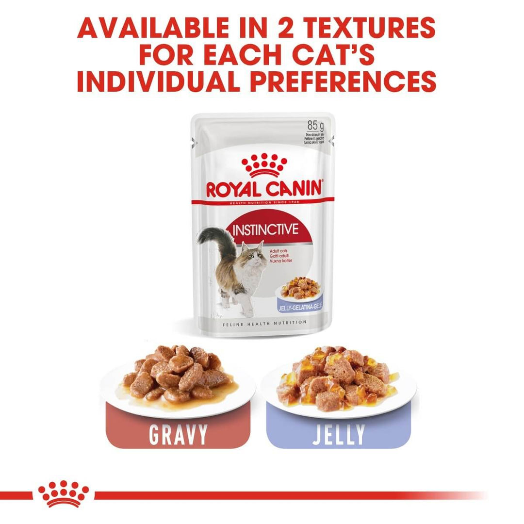 Royal Canin Instinctive cat food pouch with two textures on plates, labeled 'Gravy' and 'Jelly'.